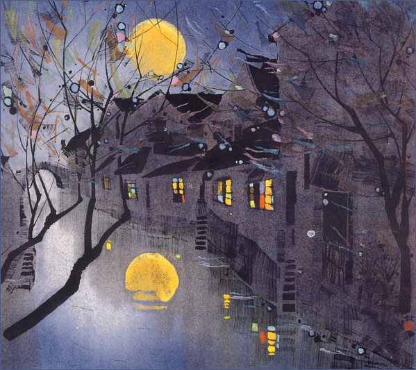 Yellow moon over a river town, by Li Fu Yuan