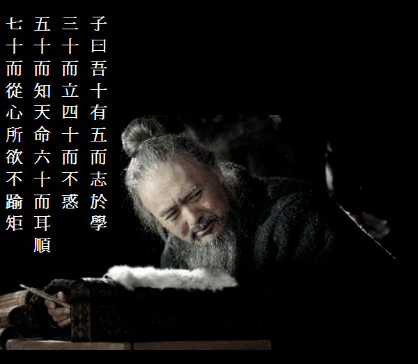 Chow Yunfatt as the aging Confucius, with superimposed text from Analect 2.4