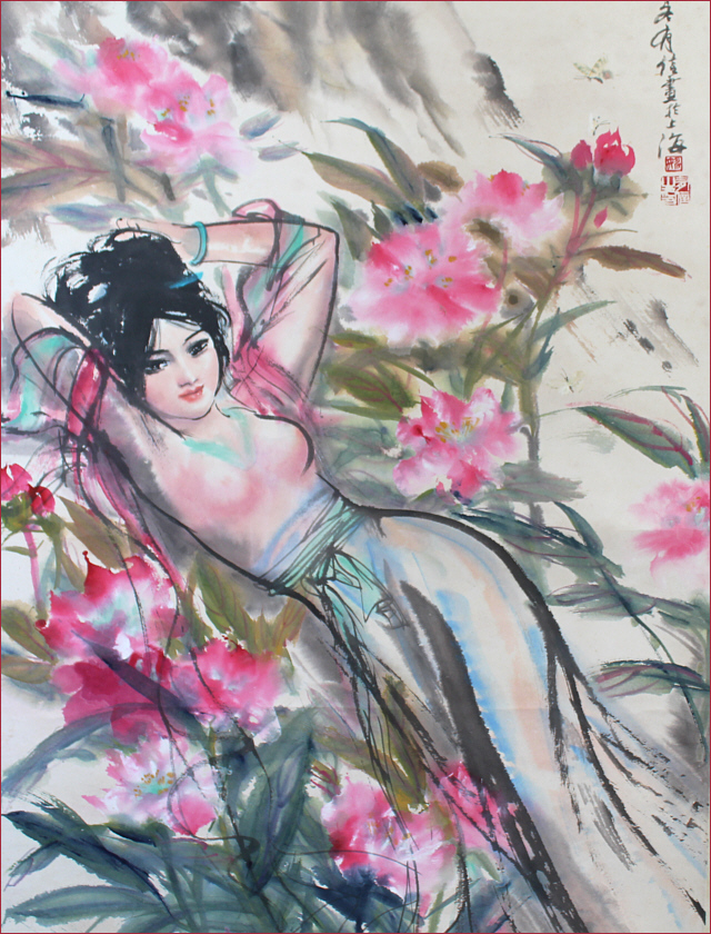 Hsiangyun lying on a flower bed, painting by Yao Youxin
