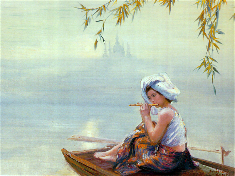 Flute girl, oil by Yao Youxin